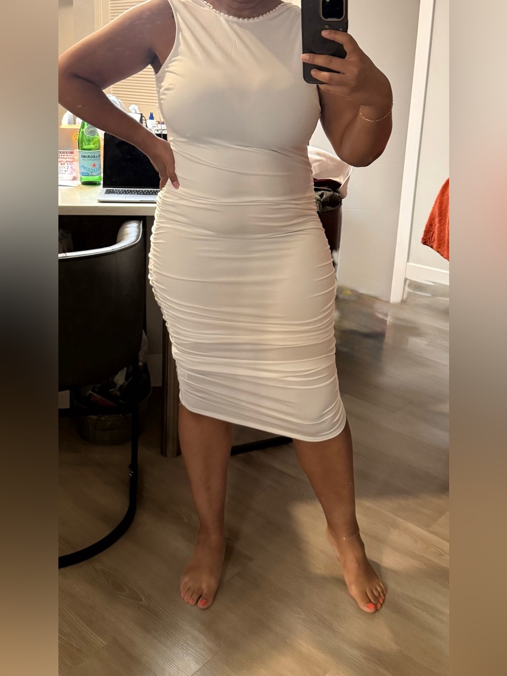 VENUS White Ruched Midi Dress